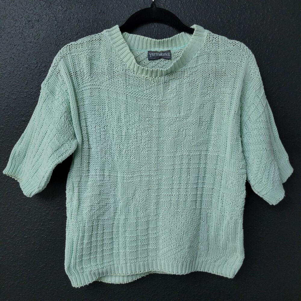 Vintage Yarnworks 100% Cotton Knit Sweater Women’s Mint Green Short Sleeve USA